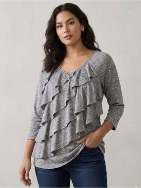 NOTATIONS Layered diagonal ruffles Top, Women’s M, Heathered Gray